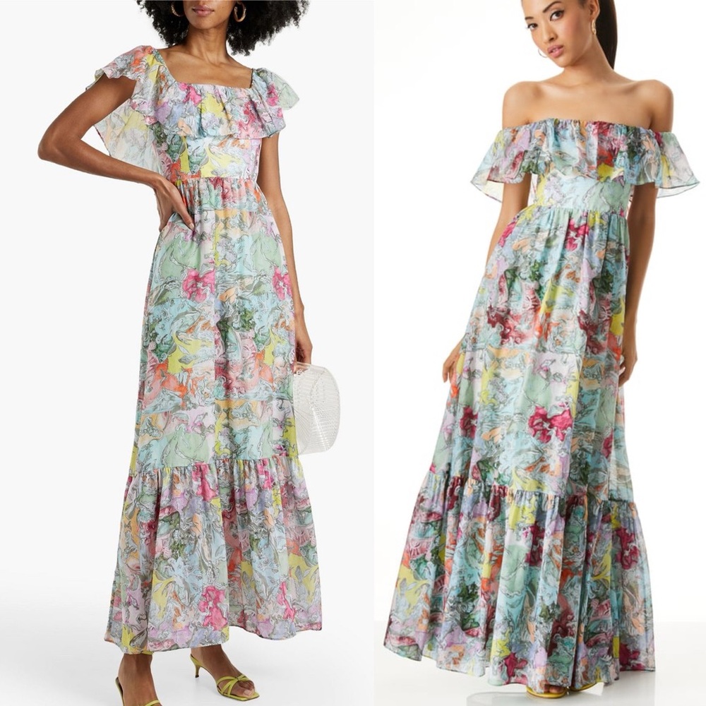 NWT Alice + Olivia Ruffled Off Shoulder Maxi Dress - Multi Print Boho Maxi Dress - Picture 3 of 15